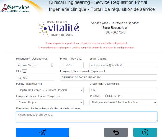 Clinical Engineering Service Request Portal screenshot of where the information is entered.